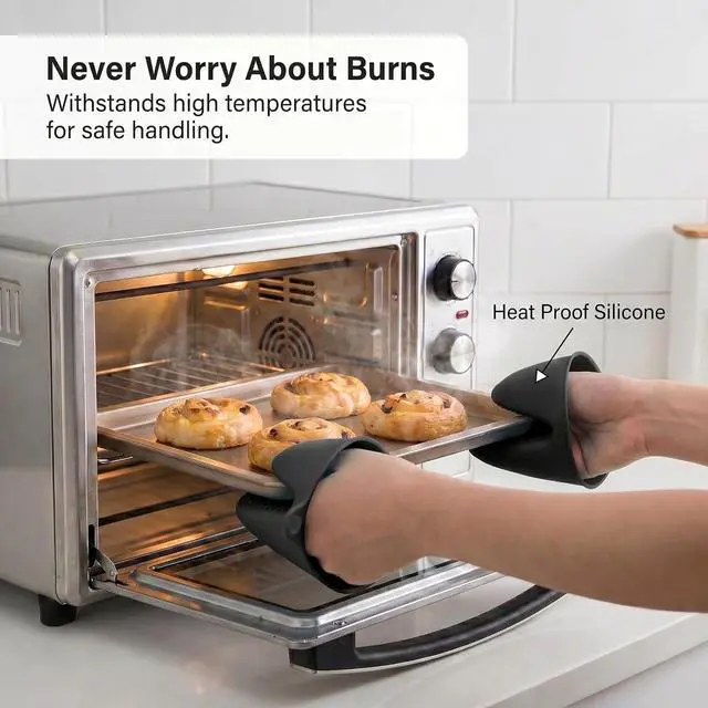 Alt view image 4 of 7 - Silicone Kitchen Oven Mitts Set, Mini Finger Protector Cooking Pinch Grips Pot Holder Toaster Oven Accessories,BBQ Baking Mittens Heat Resistant Gloves, 2 PairsBlack and Cool Gray