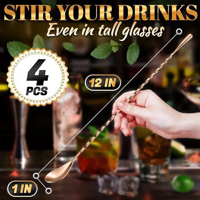 Alt view image 2 of 7 - Rose Gold Bar Spoon Set of 4, 12 In, Stainless Steel, Spiral-Pattern Stem | Bar Spoons Cocktail Mixing Spoon Set; Dishwasher Safe, Rust-Resistant; for Cocktails, Iced Tea, Iced Latte; Sugar Spoon