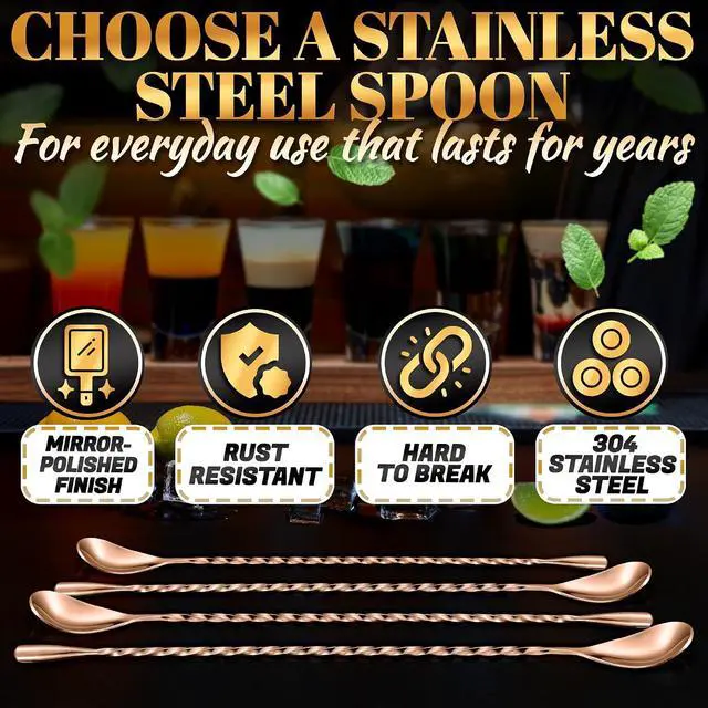 Alt view image 3 of 7 - Rose Gold Bar Spoon Set of 4, 12 In, Stainless Steel, Spiral-Pattern Stem | Bar Spoons Cocktail Mixing Spoon Set; Dishwasher Safe, Rust-Resistant; for Cocktails, Iced Tea, Iced Latte; Sugar Spoon