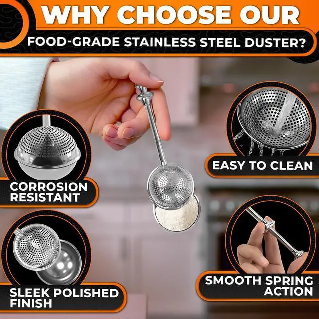 Alt view image 3 of 7 - Stainless Steel Flour Duster, 7" x 2", Spring Handle, One-Handed | Dishwasher Safe Flour Shaker Duster, Perforated Side Dusts and Solid Side Scoops; for Cocoa, Cinnamon and Powdered Sugar