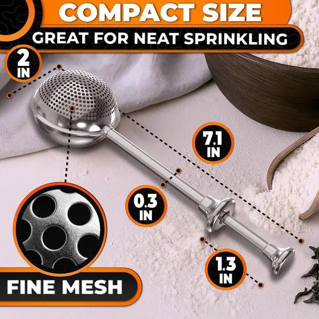 Alt view image 2 of 7 - Stainless Steel Flour Duster, 7" x 2", Spring Handle, One-Handed | Dishwasher Safe Flour Shaker Duster, Perforated Side Dusts and Solid Side Scoops; for Cocoa, Cinnamon and Powdered Sugar