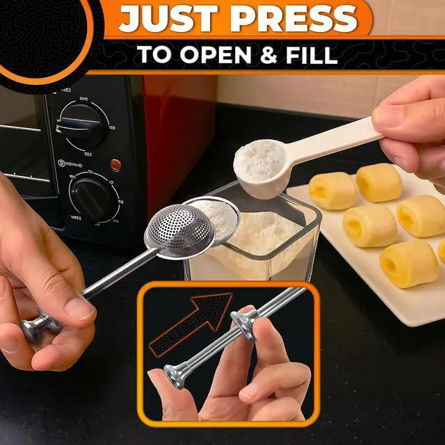 Alt view image 5 of 7 - Stainless Steel Flour Duster, 7" x 2", Spring Handle, One-Handed | Dishwasher Safe Flour Shaker Duster, Perforated Side Dusts and Solid Side Scoops; for Cocoa, Cinnamon and Powdered Sugar