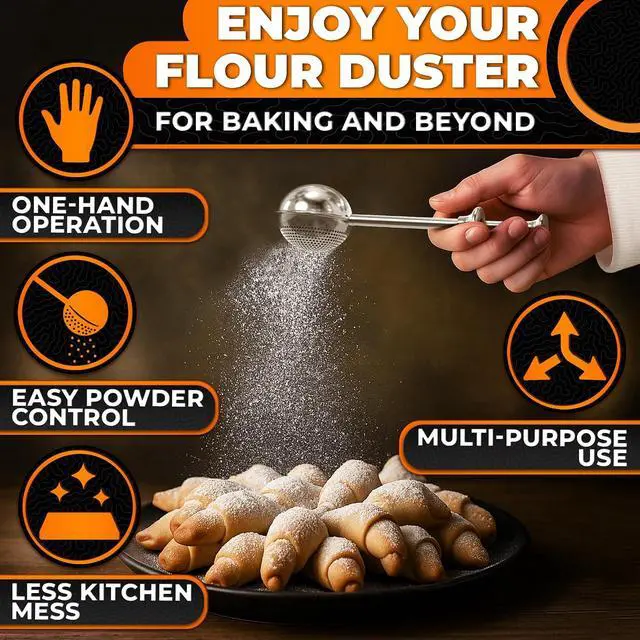 Alt view image 4 of 7 - Stainless Steel Flour Duster, 7" x 2", Spring Handle, One-Handed | Dishwasher Safe Flour Shaker Duster, Perforated Side Dusts and Solid Side Scoops; for Cocoa, Cinnamon and Powdered Sugar