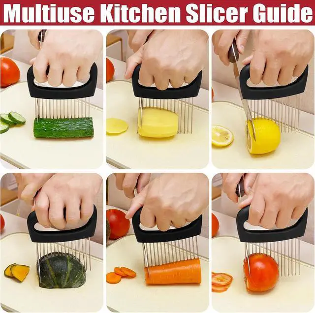 Alt view image 3 of 7 - Extra-Large Onion Holder for Slicing, Onion Cutter, Onion Slicer Holder, Stainless Steel Tomato Slicer Vegetable Cutter for Potato, Tomato, Lemon, Meat Tenderizer, Kitchen Food Slicer Guide