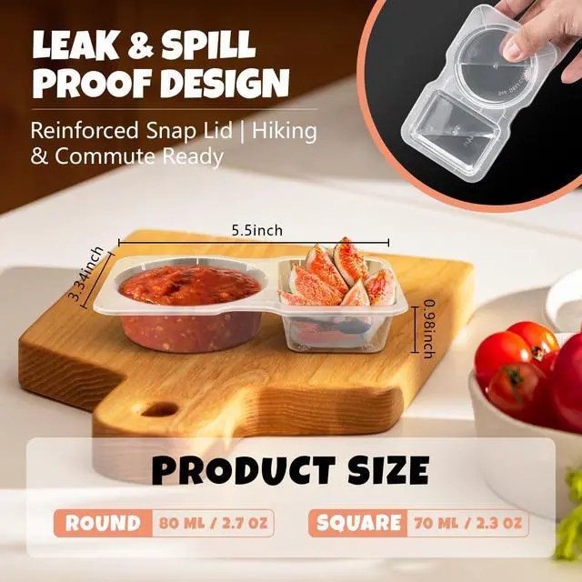 Alt view image 2 of 7 - Double Compartment Snack Containers with Lids 24 Pack Reusable Plastic Snackle Box Container for Kids & Adults 2 Section Portion Condiment Cups for Lunch, Meal Prep, Sauce, Dip, Travel & On-the-Go