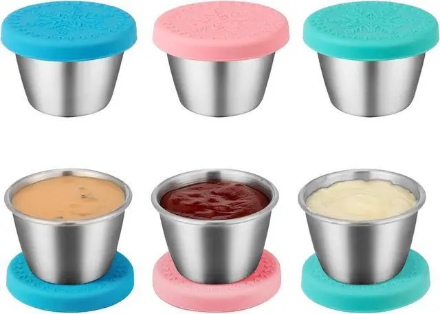 Main image of Freshmage 6-Pack 2.4oz Stainless Steel Dressing Container with Silicone Lid | Leakproof and Reusable Small Condiment Containers, Sauce Cups for Salad Dressing, Lunch Boxes & Meal Prep, Dishwasher Safe
