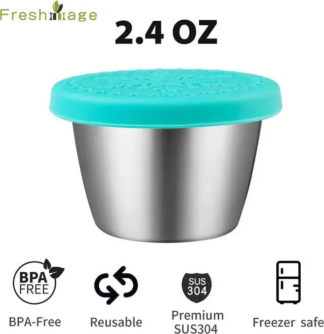 Alt view image 2 of 7 - Freshmage 6-Pack 2.4oz Stainless Steel Dressing Container with Silicone Lid | Leakproof and Reusable Small Condiment Containers, Sauce Cups for Salad Dressing, Lunch Boxes & Meal Prep, Dishwasher Safe