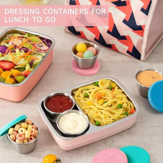 Alt view image 5 of 7 - Freshmage 6-Pack 2.4oz Stainless Steel Dressing Container with Silicone Lid | Leakproof and Reusable Small Condiment Containers, Sauce Cups for Salad Dressing, Lunch Boxes & Meal Prep, Dishwasher Safe