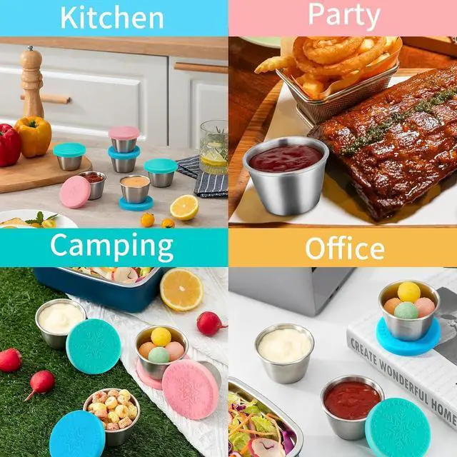 Alt view image 7 of 7 - Freshmage 6-Pack 2.4oz Stainless Steel Dressing Container with Silicone Lid | Leakproof and Reusable Small Condiment Containers, Sauce Cups for Salad Dressing, Lunch Boxes & Meal Prep, Dishwasher Safe