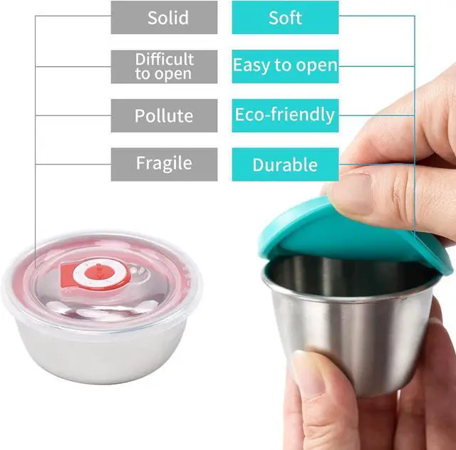 Alt view image 6 of 7 - Freshmage 6-Pack 2.4oz Stainless Steel Dressing Container with Silicone Lid | Leakproof and Reusable Small Condiment Containers, Sauce Cups for Salad Dressing, Lunch Boxes & Meal Prep, Dishwasher Safe