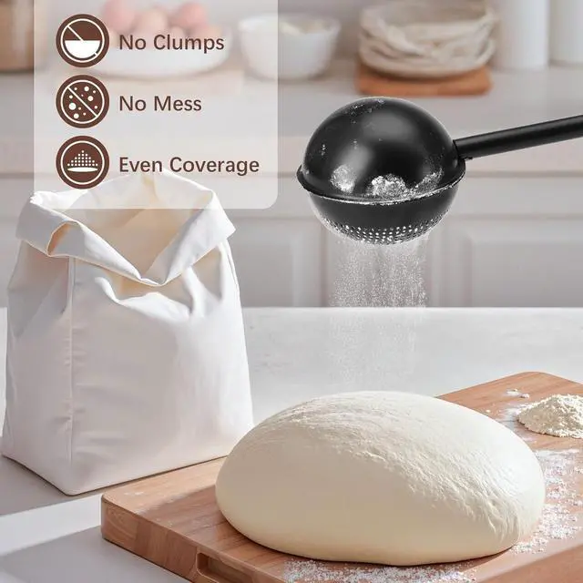Alt view image 2 of 7 - HULISEN Flour Duster, 304 Stainless Steel Flour Sifter for Baking, Black | Spring-Press Handle, Dishwasher Safe, For Flour, Powdered Sugar, Fine Spices, Pick Up and Dust Flour Sifter, Gift Package
