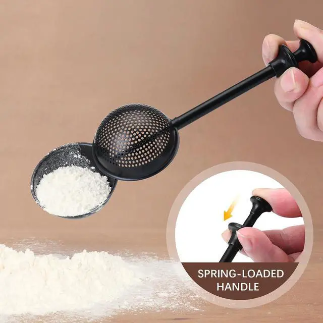 Alt view image 3 of 7 - HULISEN Flour Duster, 304 Stainless Steel Flour Sifter for Baking, Black | Spring-Press Handle, Dishwasher Safe, For Flour, Powdered Sugar, Fine Spices, Pick Up and Dust Flour Sifter, Gift Package