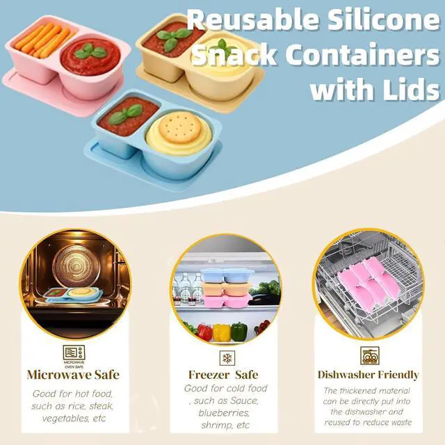 Alt view image 3 of 5 - Reusable Silicone Snack Containers with Lid - 3 Pack Double Compartment Snack Containers with Lids, To Go Containers Two Section for Salad/Souse/Take-Out/Travel