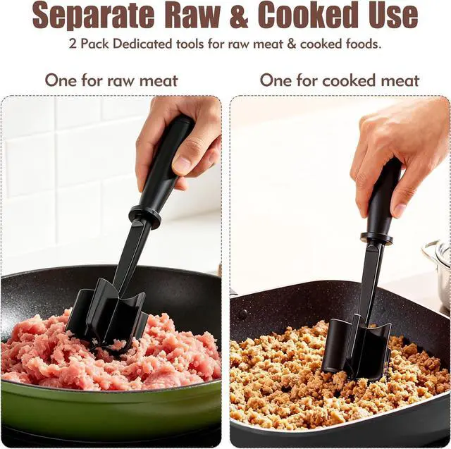 Alt view image 3 of 7 - 2PCS Ground Beef Masher with 5-Blade Head, High-Temp Heat-Resistant Ground Meat Chopper, Black Meat Masher for Multi-Function Mix and Mash, Nylon Kitchen Utensils for Turkey/Beef