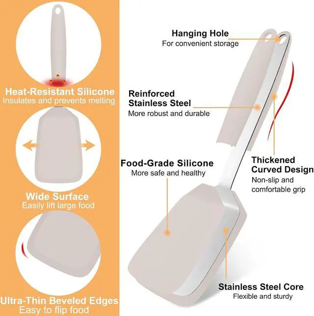 Alt view image 3 of 7 - Beijiyi Silicone Spatula Turner, 600°F Heat Resistant, 13 x 3.2 in (Khaki) | BPA Free, Non-Toxic, Flexible Turner, Non Scratch for Non Stick Frying Pan, Flipping, Cooking, Dishwasher Safe