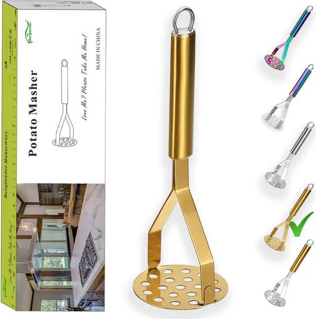 Main image of Berglander Potato Masher, Heavy Duty Stainless Steel Gold Potato Ricer With Titanium Plating, Kitchen Vegetable Fruit Masher (Gold)