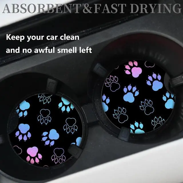 Alt view image 2 of 6 - Absorbent Car Coasters for Cup Holders, 2 Pack Universal Neoprene Car Coasters with Finger Slot, Auto Accessories for Women & Men,2.56"(Gradient Black Dog paw Print)