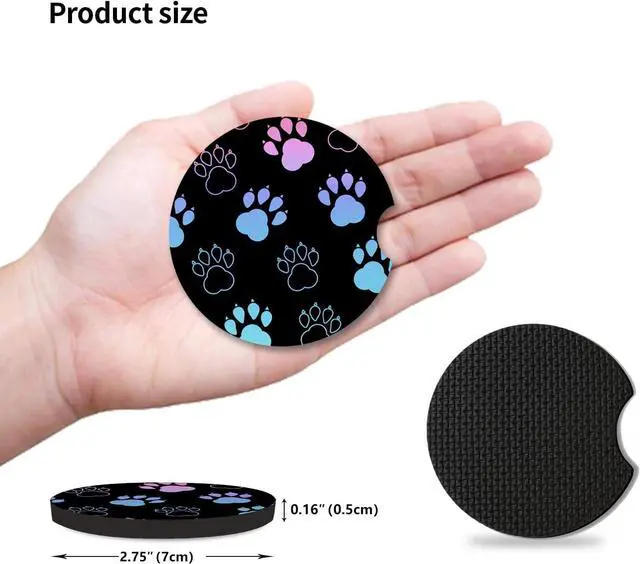 Alt view image 4 of 6 - Absorbent Car Coasters for Cup Holders, 2 Pack Universal Neoprene Car Coasters with Finger Slot, Auto Accessories for Women & Men,2.56"(Gradient Black Dog paw Print)