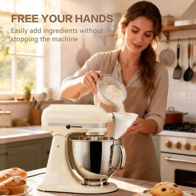 Alt view image 2 of 7 - Flour Funnel for KitchenAid Mixer 4.5-5 Qt,Anti-Splash Attachment for Tilt-Head Stand Model, Dishwasher Safe,No-Mess Baking Tool, Easy Pour Accessory,Fits Kitchen Aid Flour Funnel