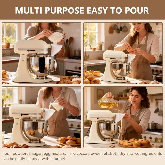 Alt view image 3 of 7 - Flour Funnel for KitchenAid Mixer 4.5-5 Qt,Anti-Splash Attachment for Tilt-Head Stand Model, Dishwasher Safe,No-Mess Baking Tool, Easy Pour Accessory,Fits Kitchen Aid Flour Funnel