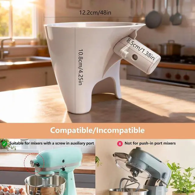 Alt view image 5 of 7 - Flour Funnel for KitchenAid Mixer 4.5-5 Qt,Anti-Splash Attachment for Tilt-Head Stand Model, Dishwasher Safe,No-Mess Baking Tool, Easy Pour Accessory,Fits Kitchen Aid Flour Funnel