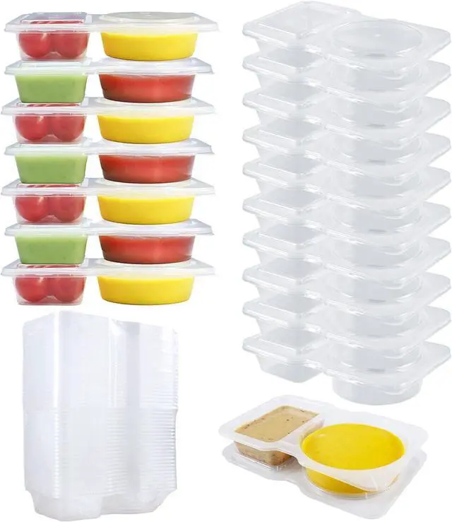 Main image of 25 Set Reusable Snack Containers with Lid, 2 Compartment Plastic Condiment Containers for Refrigeration, Portion Control, Outdoor Takeaway Sauce, Meal Prep Lunch Snack Pack Box for Kids and Adults
