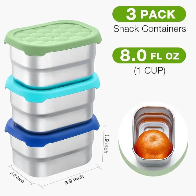 Alt view image 2 of 7 - Gencywe® 3 Pack Stainless Steel Snack Containers for Kids, 8 oz Easy Open Leak Proof Small Toddler Snack Containers with Silicone Lids, Stackable Metal Lunch Box for Daycare and School (Blue)