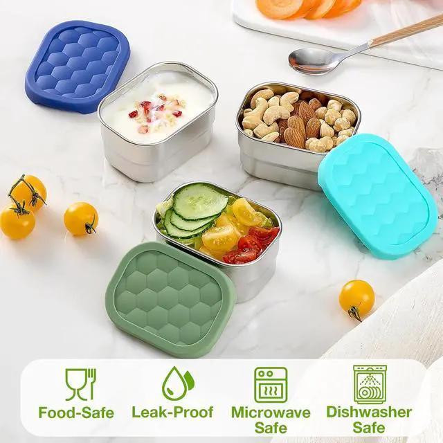 Alt view image 3 of 7 - Gencywe® 3 Pack Stainless Steel Snack Containers for Kids, 8 oz Easy Open Leak Proof Small Toddler Snack Containers with Silicone Lids, Stackable Metal Lunch Box for Daycare and School (Blue)