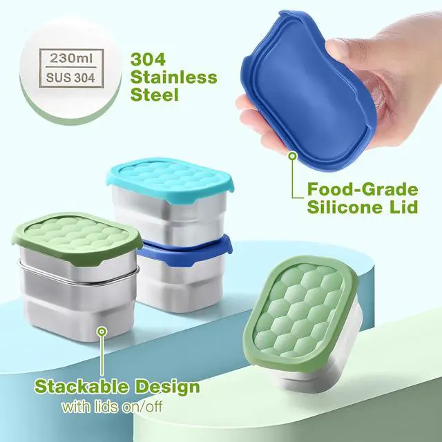 Alt view image 4 of 7 - Gencywe® 3 Pack Stainless Steel Snack Containers for Kids, 8 oz Easy Open Leak Proof Small Toddler Snack Containers with Silicone Lids, Stackable Metal Lunch Box for Daycare and School (Blue)