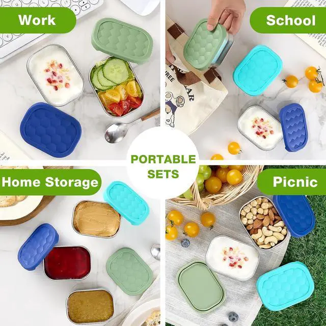 Alt view image 6 of 7 - Gencywe® 3 Pack Stainless Steel Snack Containers for Kids, 8 oz Easy Open Leak Proof Small Toddler Snack Containers with Silicone Lids, Stackable Metal Lunch Box for Daycare and School (Blue)