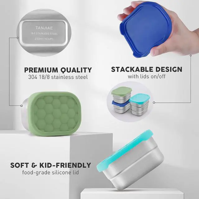 Alt view image 3 of 7 - Tanjiae Small (1 CUP) Stainless Steel Snack Containers for Kids | Easy Open Leak Proof Food Containers with Silicone Lids - Perfect Metal Toddler Lunch Box for Daycare and School (8oz)