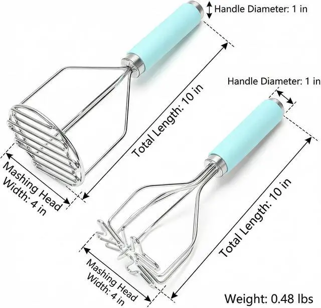 Alt view image 2 of 7 - Potato Masher Hand Food Smasher Kitchen Tool Set | 10 Inch Stainless Steel Wire and Grid Mashing Tools for Avocados Beans and Potatoes 2 Pack