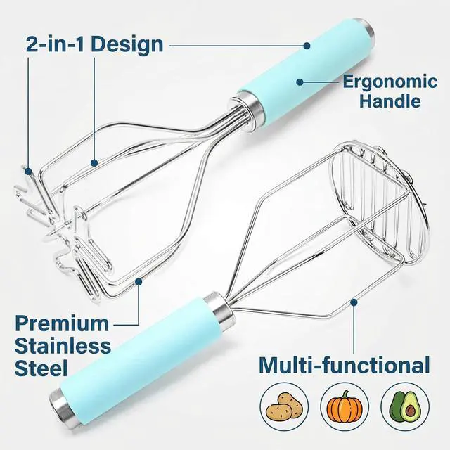 Alt view image 4 of 7 - Potato Masher Hand Food Smasher Kitchen Tool Set | 10 Inch Stainless Steel Wire and Grid Mashing Tools for Avocados Beans and Potatoes 2 Pack