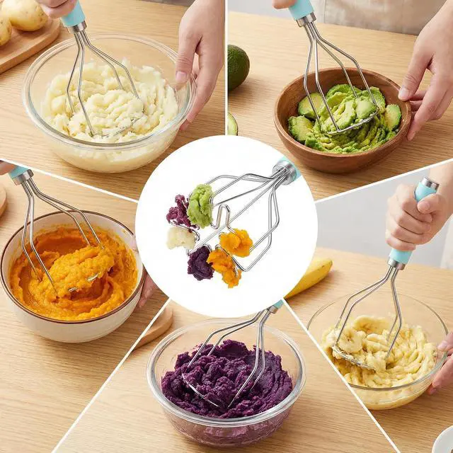 Alt view image 7 of 7 - Potato Masher Hand Food Smasher Kitchen Tool Set | 10 Inch Stainless Steel Wire and Grid Mashing Tools for Avocados Beans and Potatoes 2 Pack