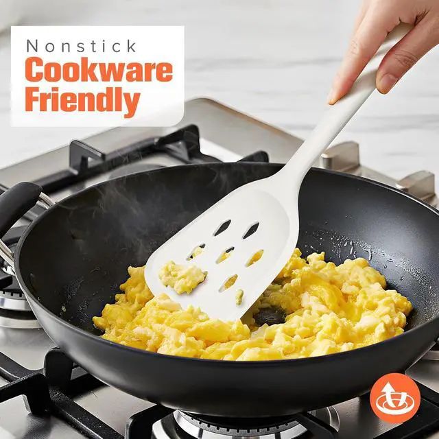 Alt view image 2 of 7 - Silicone Spatula Set of 2 Pack, Heat Resistant Kitchen Spatulas (White) | BPA Free Solid & Slotted Turner for Nonstick Cookware, One-Piece Design, Suitable for Cooking, Sautéing, Frying and Flipping