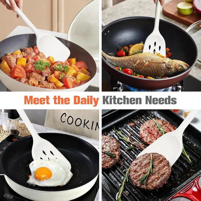 Alt view image 3 of 7 - Silicone Spatula Set of 2 Pack, Heat Resistant Kitchen Spatulas (White) | BPA Free Solid & Slotted Turner for Nonstick Cookware, One-Piece Design, Suitable for Cooking, Sautéing, Frying and Flipping