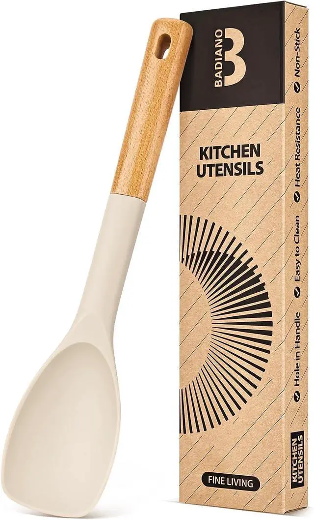 Main image of Badiano Silicone Spoonula Spatula, Nonstick Rubber Spoon, Khaki | Heat Resistant, Sturdy Bpa-Free Matte Silicone, Wooden Handle, Great for Stirring, Scraping and Folding
