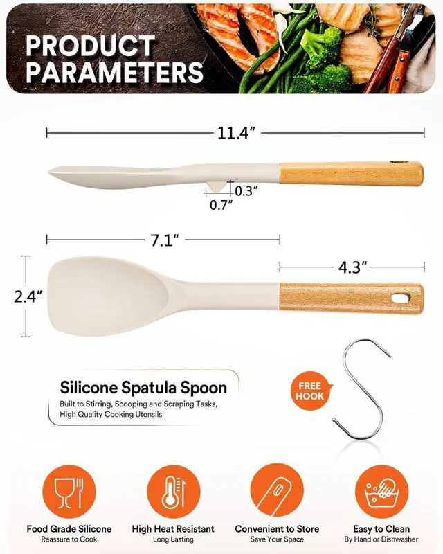 Alt view image 2 of 7 - Badiano Silicone Spoonula Spatula, Nonstick Rubber Spoon, Khaki | Heat Resistant, Sturdy Bpa-Free Matte Silicone, Wooden Handle, Great for Stirring, Scraping and Folding