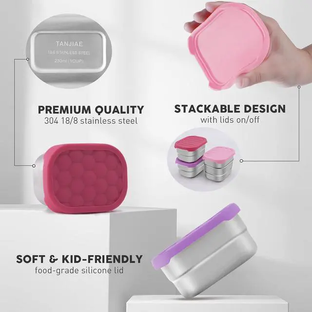 Alt view image 4 of 7 - Tanjiae Small (1 CUP) Stainless Steel Snack Containers for Kids | Easy Open Leak Proof Food Containers with Silicone Lids - Perfect Metal Toddler Lunch Box for Daycare and School (8oz)