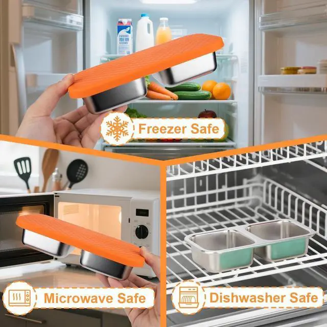 Alt view image 3 of 6 - DOSEWART 2-Compartment Stainless Steel Snack Containers | Reusable Snack Containers with Silicone Lids Box for Meal Prep Food Storage On-the-Go Snacking(Orange)