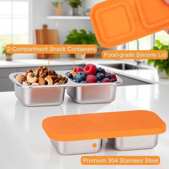 Alt view image 4 of 6 - DOSEWART 2-Compartment Stainless Steel Snack Containers | Reusable Snack Containers with Silicone Lids Box for Meal Prep Food Storage On-the-Go Snacking(Orange)