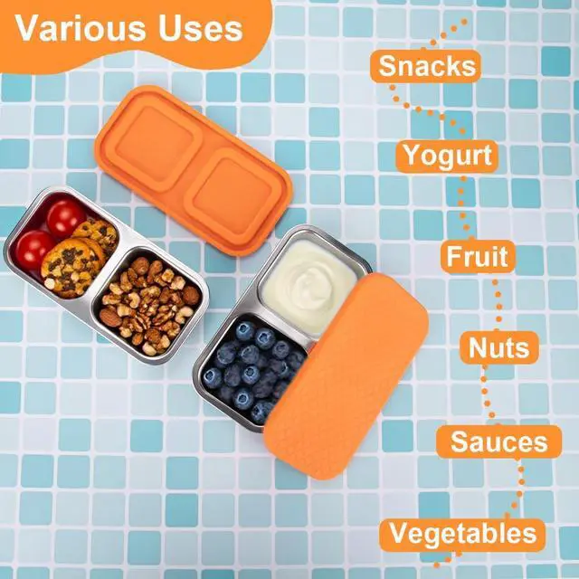Alt view image 5 of 6 - DOSEWART 2-Compartment Stainless Steel Snack Containers | Reusable Snack Containers with Silicone Lids Box for Meal Prep Food Storage On-the-Go Snacking(Orange)