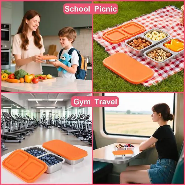 Alt view image 6 of 6 - DOSEWART 2-Compartment Stainless Steel Snack Containers | Reusable Snack Containers with Silicone Lids Box for Meal Prep Food Storage On-the-Go Snacking(Orange)