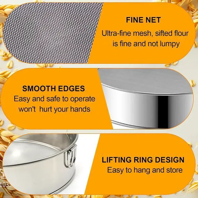 Alt view image 3 of 7 - 2 Pcs Round Flour Sieve Stainless Steel Round Flour Sifter 8 Inch and 6 Inch 60 Mesh Fine Mesh Flouring Sieve for Baking Cake Bread