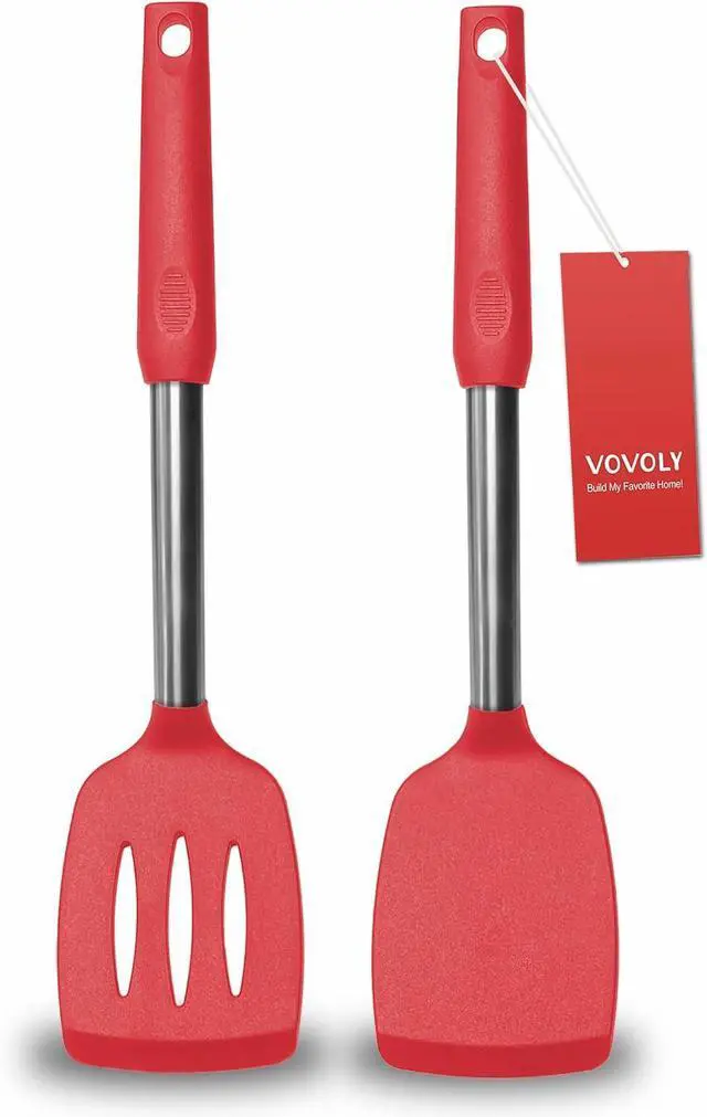 Main image of 2 Pack Spatulas, Solid & Slotted Silicone Spatula Set, Stainless Steel Handle Coated with Silicone, Non Stick Turners, Heat Resistant Rubber Spatulas for Fish, Eggs, Pancakes, WOK, Red
