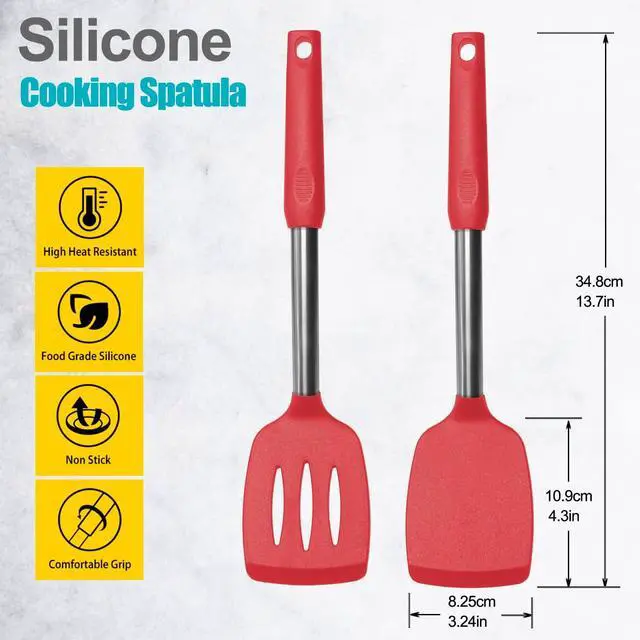 Alt view image 2 of 7 - 2 Pack Spatulas, Solid & Slotted Silicone Spatula Set, Stainless Steel Handle Coated with Silicone, Non Stick Turners, Heat Resistant Rubber Spatulas for Fish, Eggs, Pancakes, WOK, Red