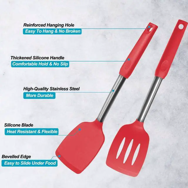 Alt view image 3 of 7 - 2 Pack Spatulas, Solid & Slotted Silicone Spatula Set, Stainless Steel Handle Coated with Silicone, Non Stick Turners, Heat Resistant Rubber Spatulas for Fish, Eggs, Pancakes, WOK, Red