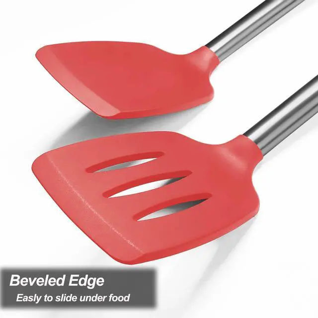 Alt view image 7 of 7 - 2 Pack Spatulas, Solid & Slotted Silicone Spatula Set, Stainless Steel Handle Coated with Silicone, Non Stick Turners, Heat Resistant Rubber Spatulas for Fish, Eggs, Pancakes, WOK, Red
