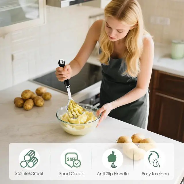 Alt view image 3 of 7 - Potato Masher Stainless Steel Heavy Duty Mashed Potato Masher Kitchen Tool for Mashed Potatoes, Bean,Vegetable,Fruits, Avocados, Meat,Dishwasher Safe, 10 Inch