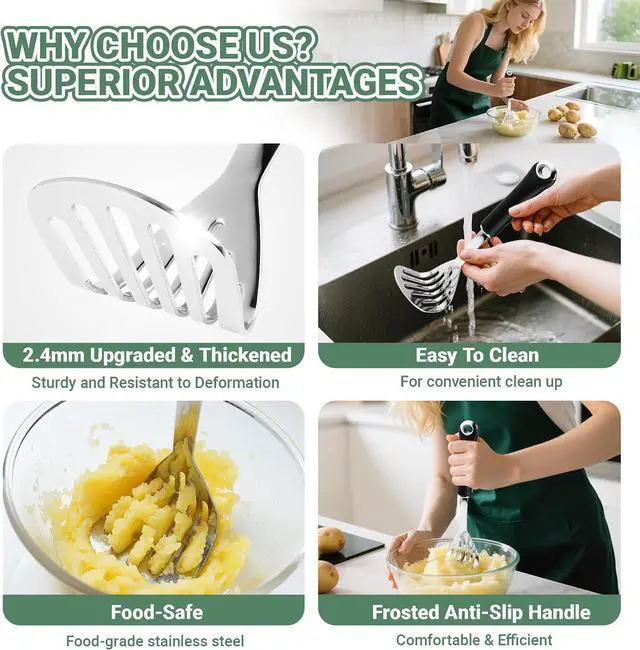 Alt view image 4 of 7 - Potato Masher Stainless Steel Heavy Duty Mashed Potato Masher Kitchen Tool for Mashed Potatoes, Bean,Vegetable,Fruits, Avocados, Meat,Dishwasher Safe, 10 Inch